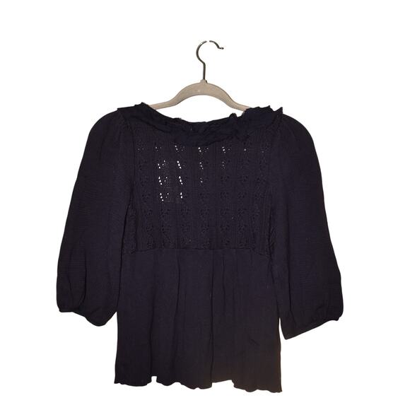 ANTHROPOLOGIE NEW $98 Knitted & Knotted Navy Ruffle Trim Cardigan Medium - Picture 2 of 3
